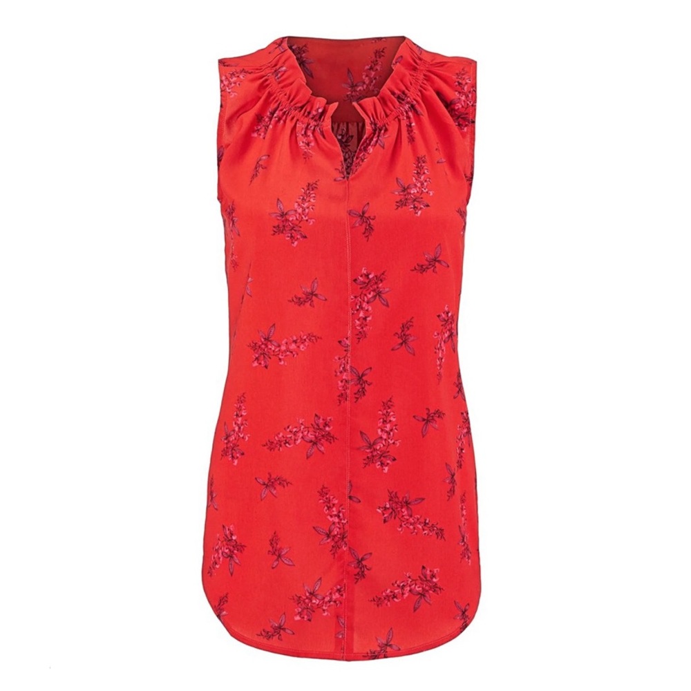 Cabi Red Sprig Floral Sketchbook Ruffle Detail Sleeveless Summer Tank Top Blouse